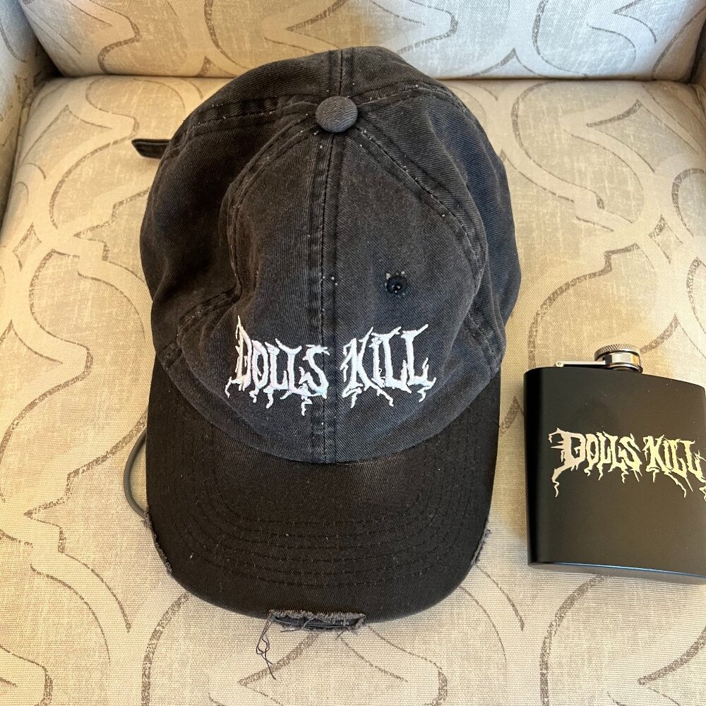 Dolls Kill Distressed Cap and mini Dolls Kill logo Flask